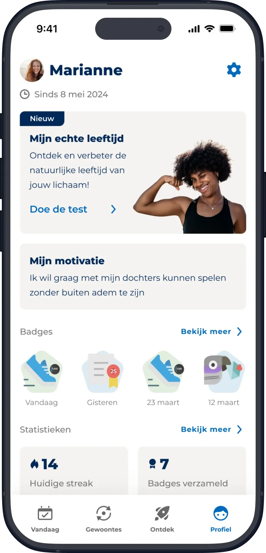 Profile screen with a 'Nieuw' card, Mijn echte leeftijd, inviting existing users to take the health assessment.
