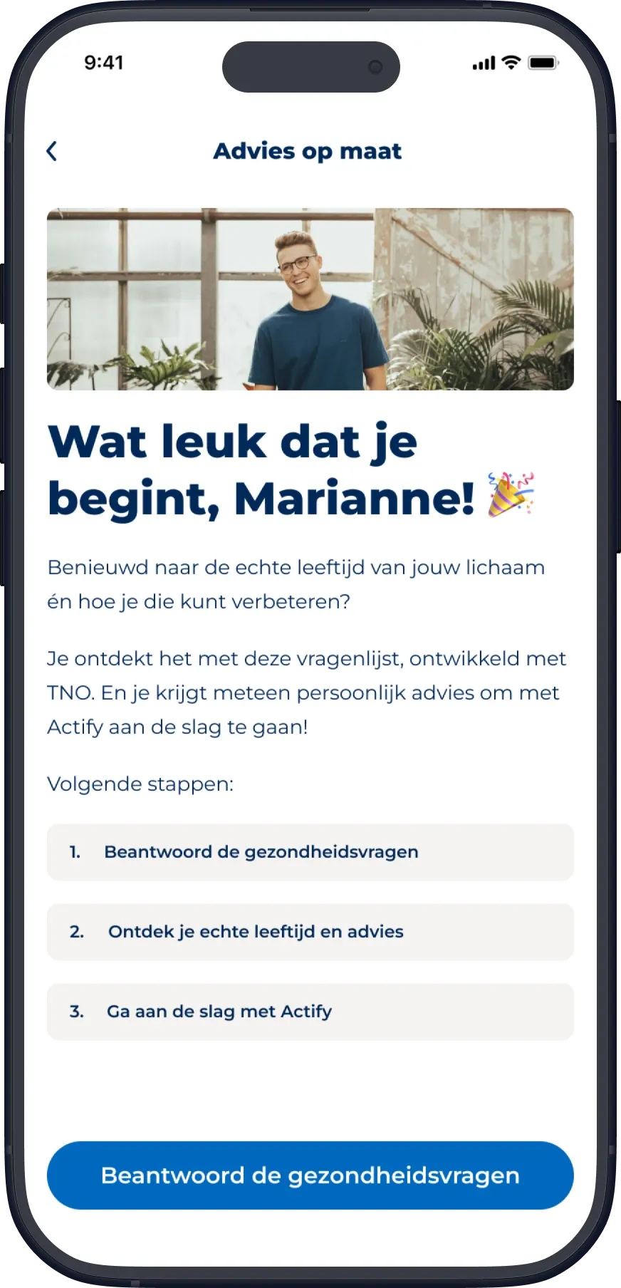 Advies op maat introduction: Wat leuk dat je begint, Marianne! with three next steps and a button to answer the health questions.