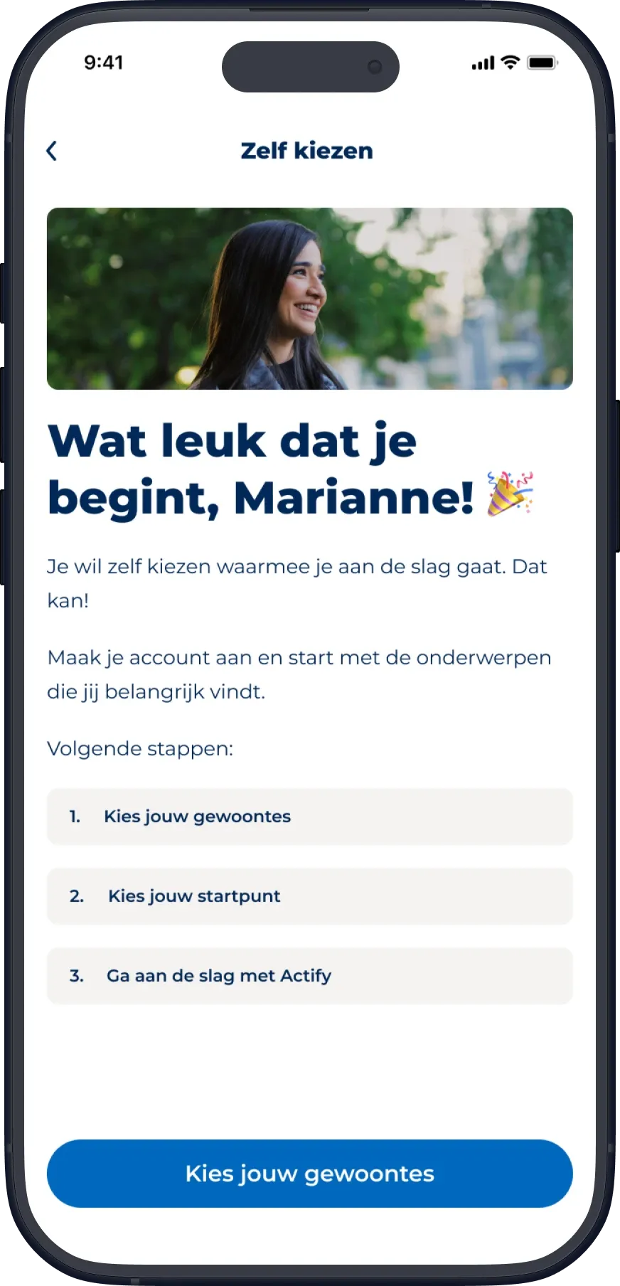 Zelf kiezen introduction: Wat leuk dat je begint, Marianne! with three next steps and a button to choose habits.