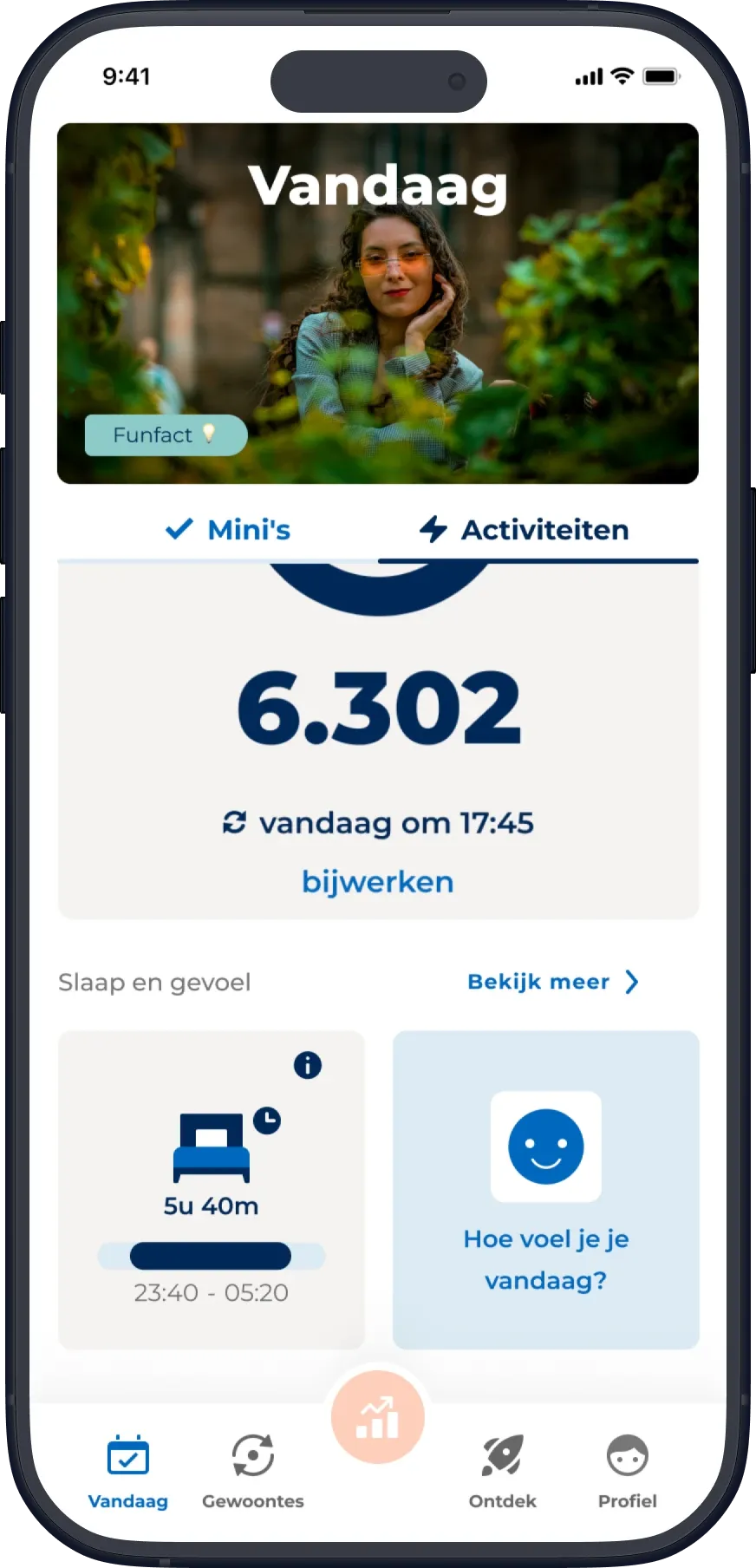 Vandaag screen, Activiteiten tab: Slaap en gevoel with a sleep card next to the moodtracker card asking Hoe voel je je vandaag?