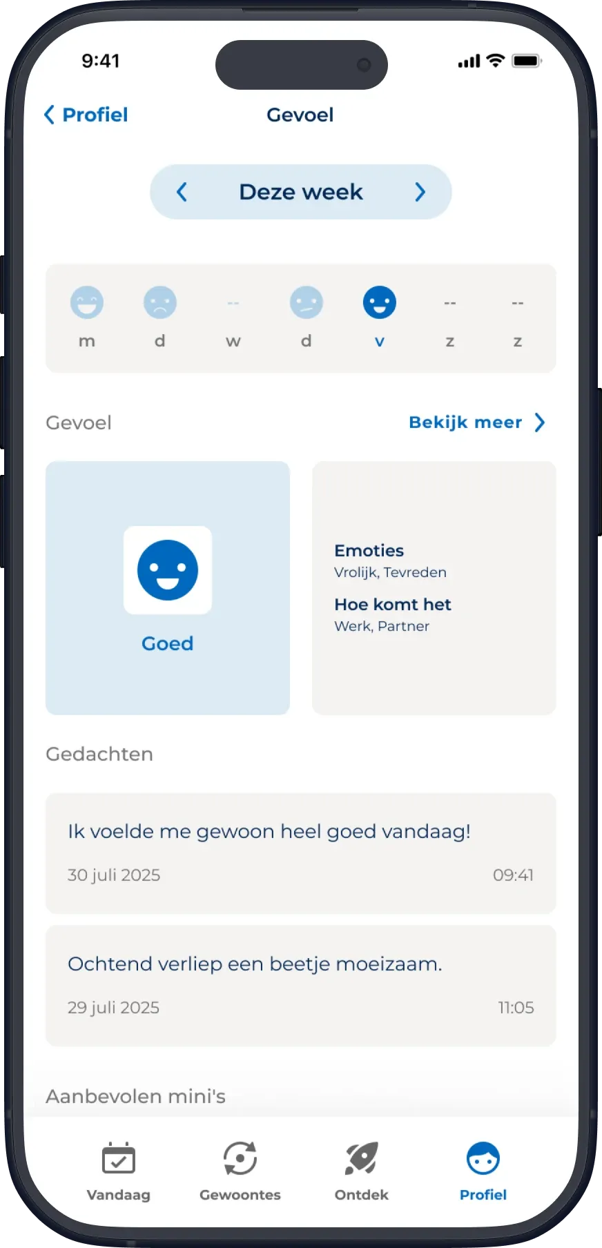 Gevoel detail page: this week's moods, the latest mood with its emotions and situations, and recent notes.