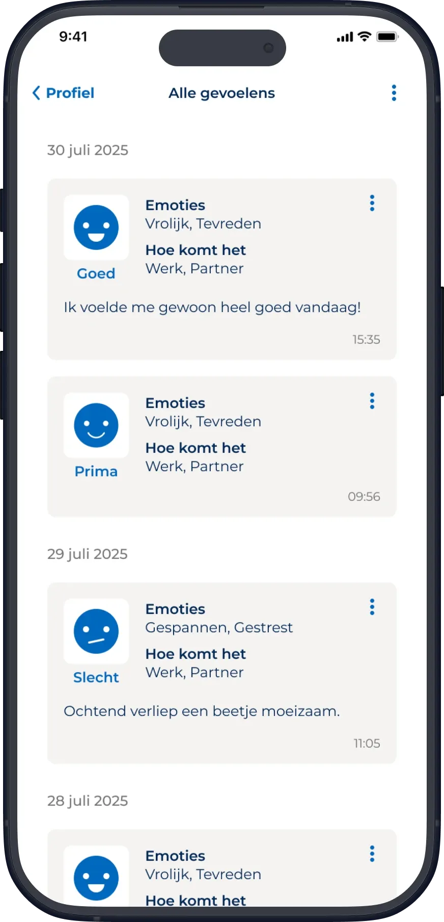 Alle gevoelens: entries grouped by date, each with mood, emotions, situations, note and time.