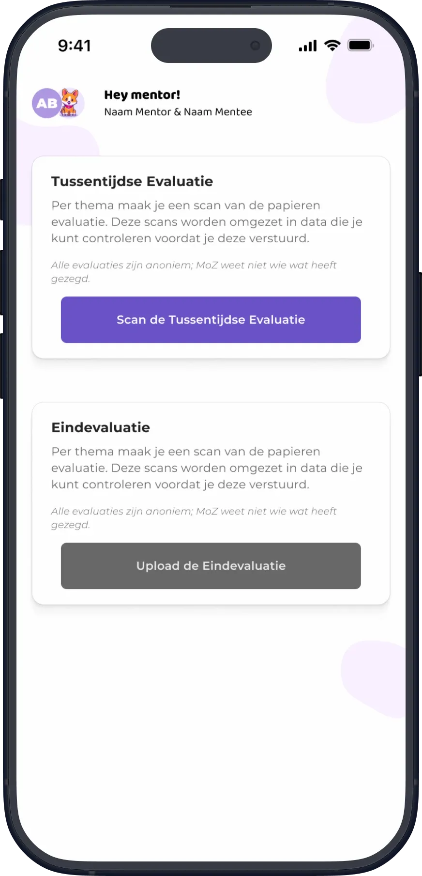 First MentorenApp prototype with two cards, Tussentijdse Evaluatie and Eindevaluatie, each with a scan or upload button.