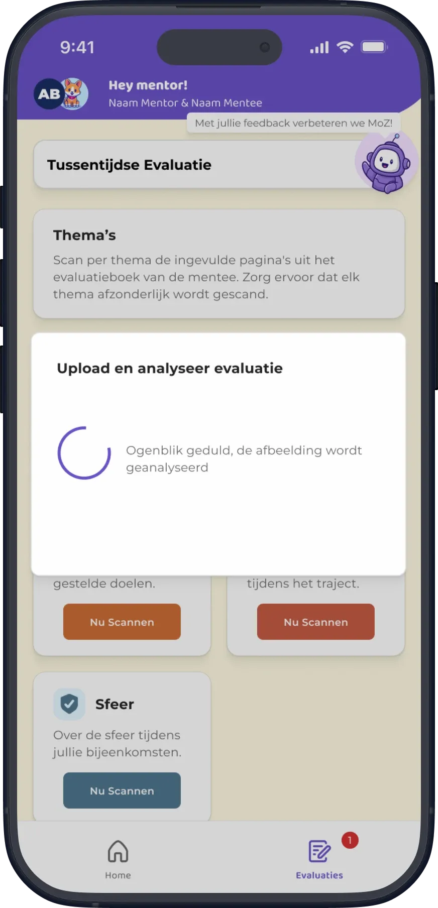 MentorenApp upload dialog while the photo is being analysed.