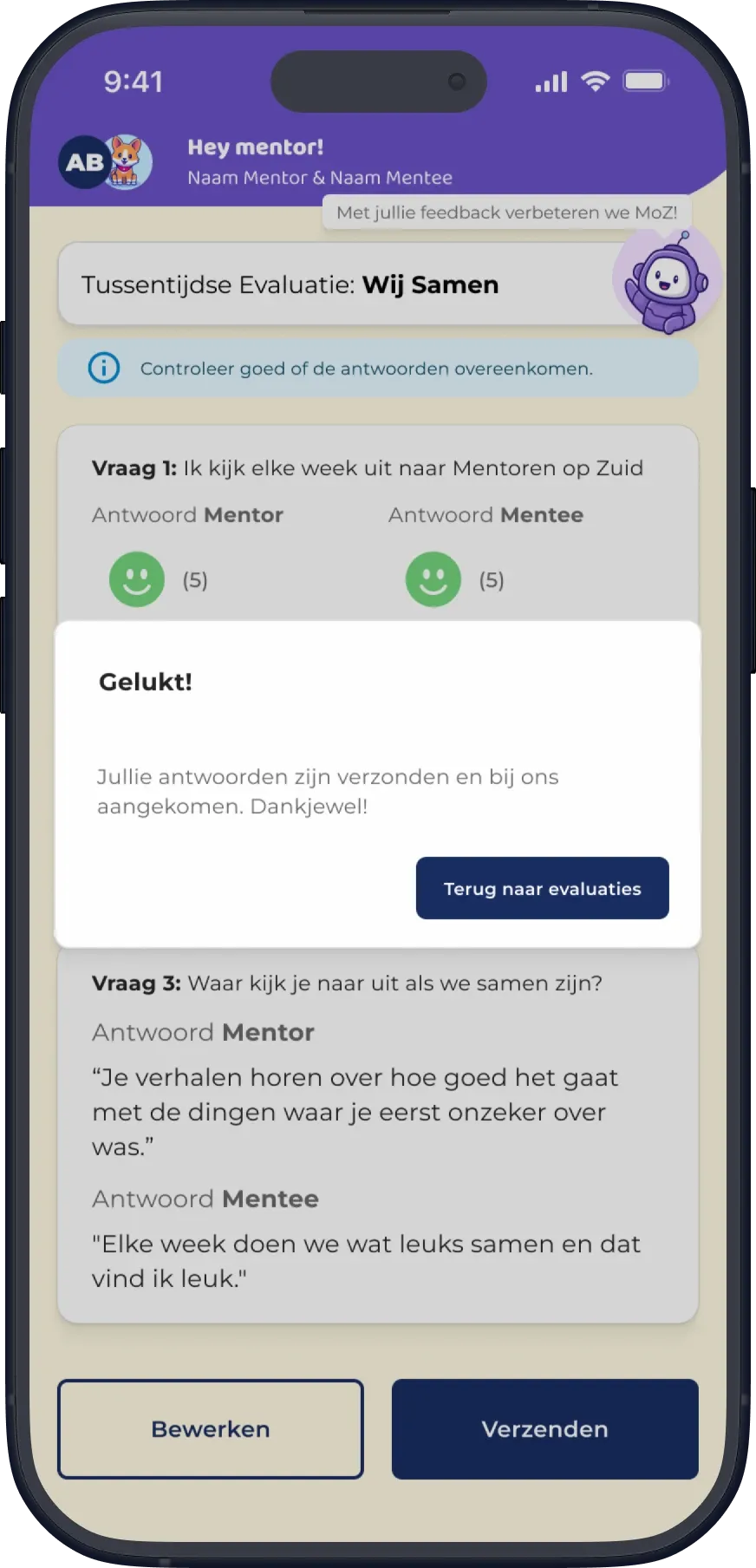 MentorenApp confirmation dialog Gelukt! saying the answers were sent, with a Terug naar evaluaties button.