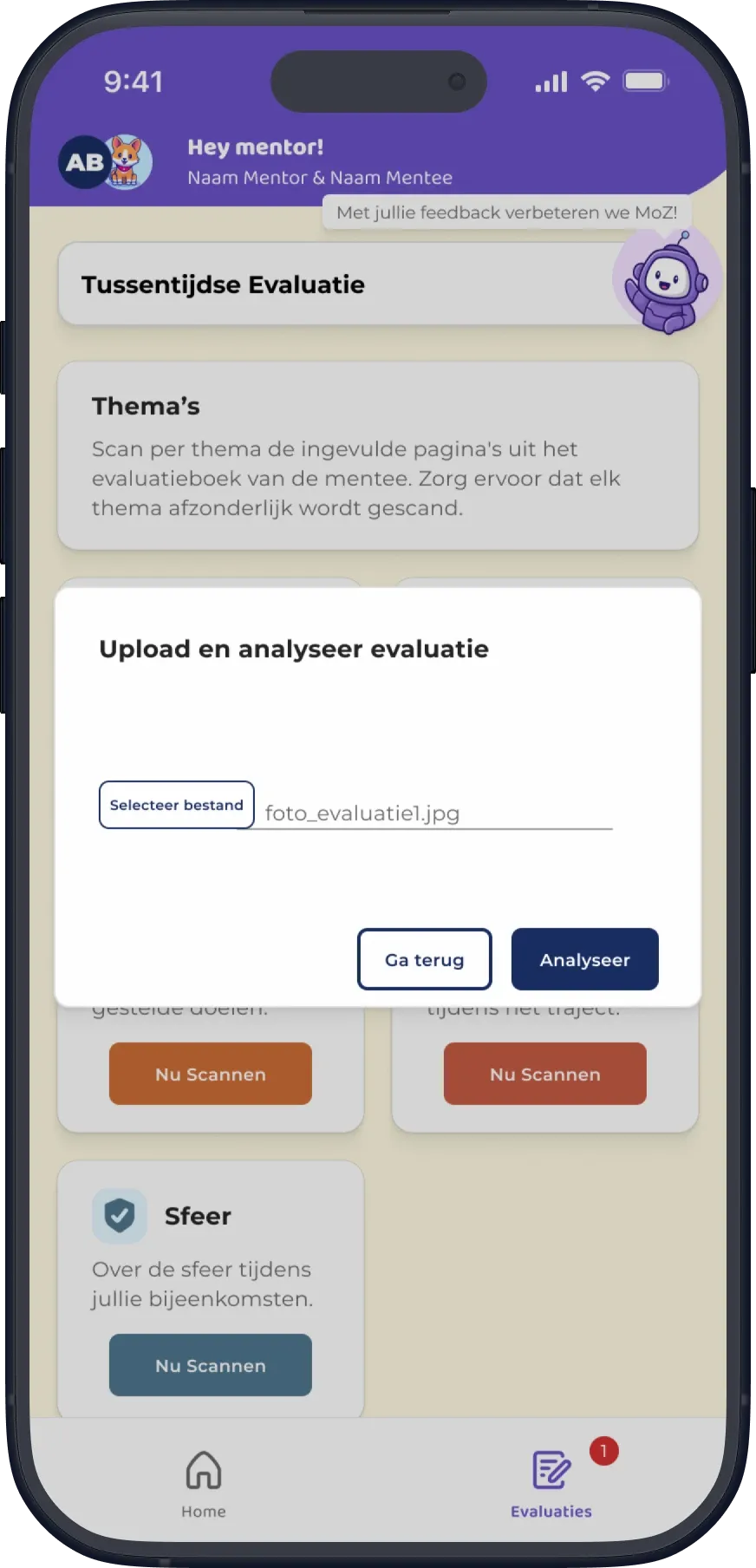 MentorenApp upload dialog with a selected photo and an Analyseer button.