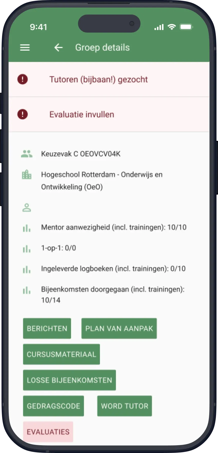 Original MoZ web app: Groep details screen with alerts, group stats and a stack of green buttons.