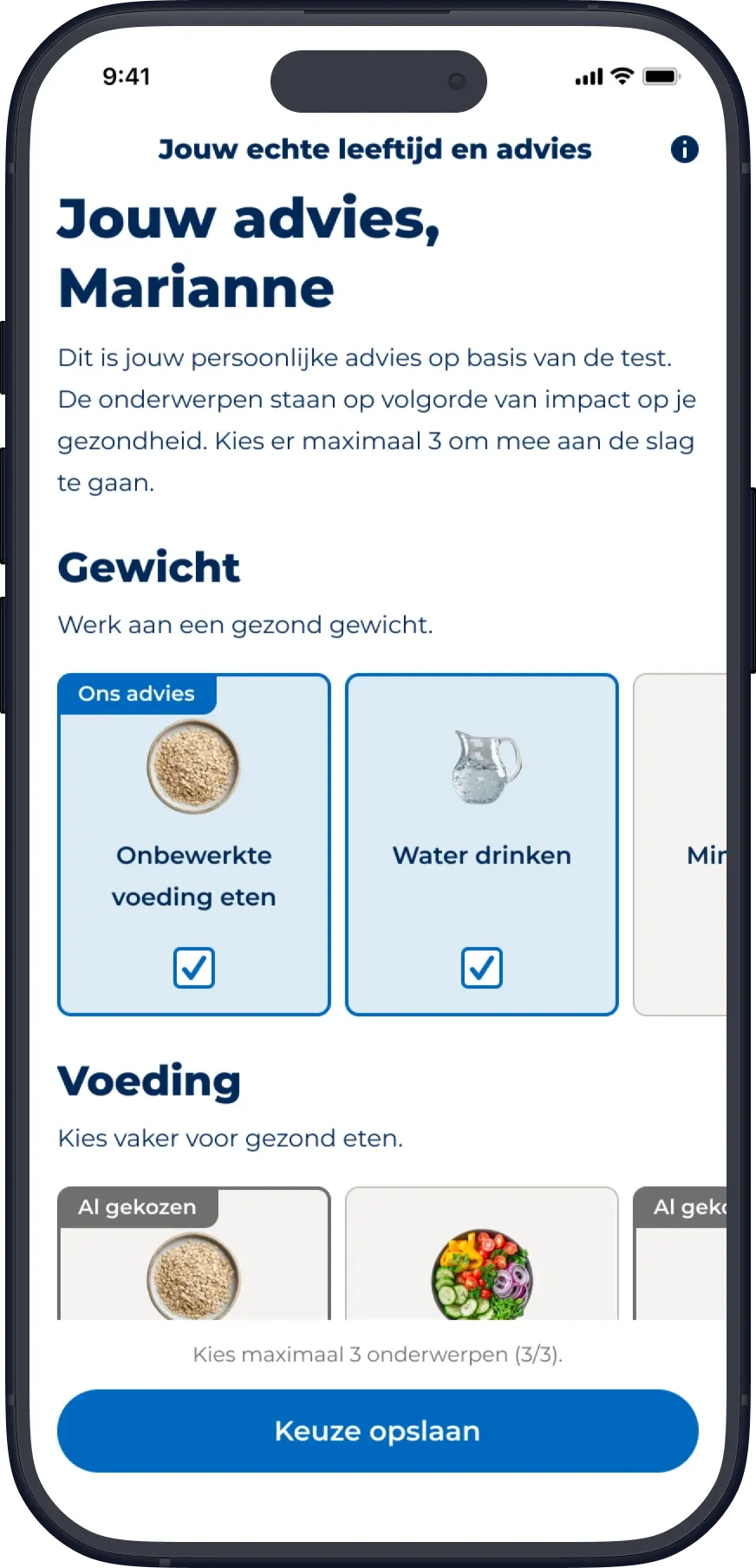 Jouw advies, Marianne: suggested habits grouped by topic, with three of three chosen.