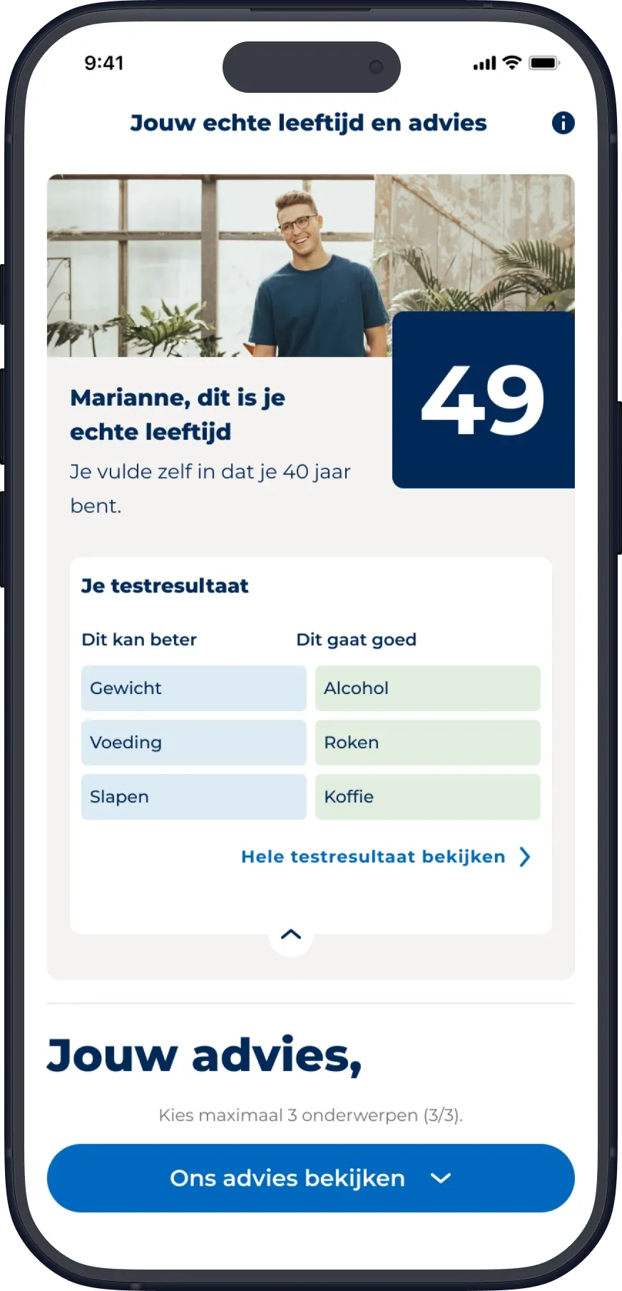 Jouw echte leeftijd en advies: a real age of 49, with what could be better and what is going well.
