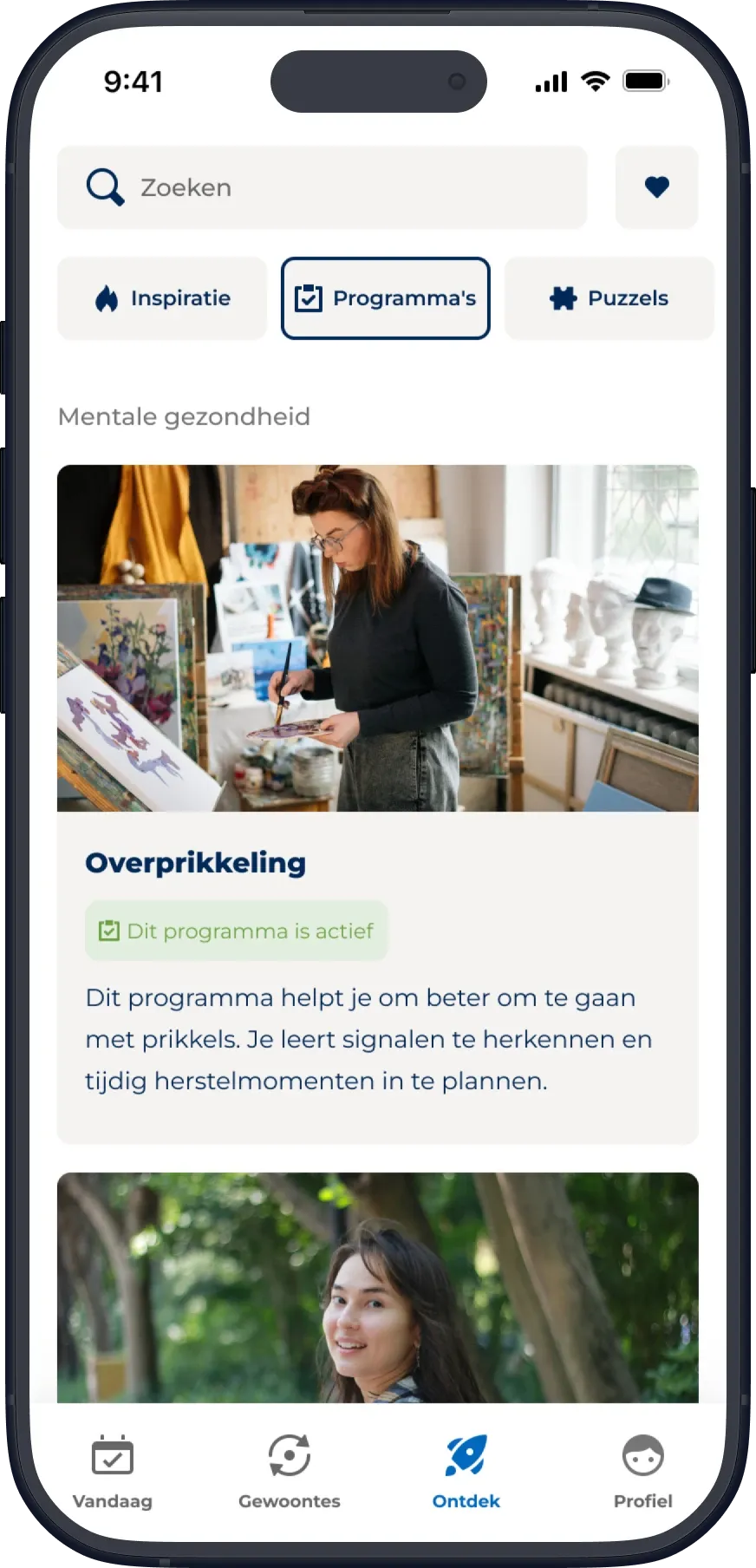 Actify Explore page with the Programma's category selected, showing the active Overprikkeling program under Mentale gezondheid.