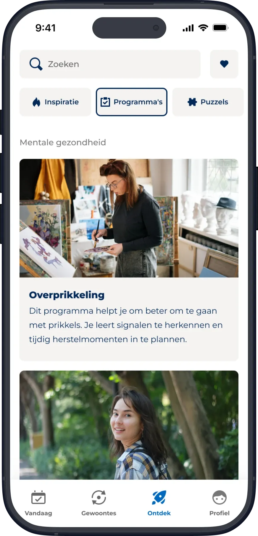 Actify Explore page with the Programma's category selected, showing the Overprikkeling program card under Mentale gezondheid.