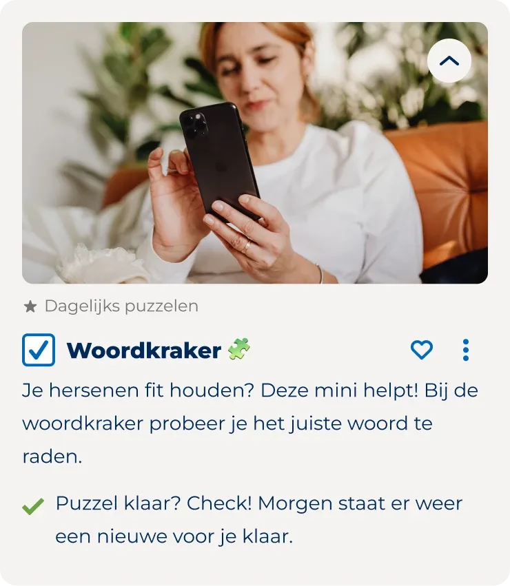 Woordkraker puzzle mini, completed: checked checkbox and the message Puzzel klaar? Check!